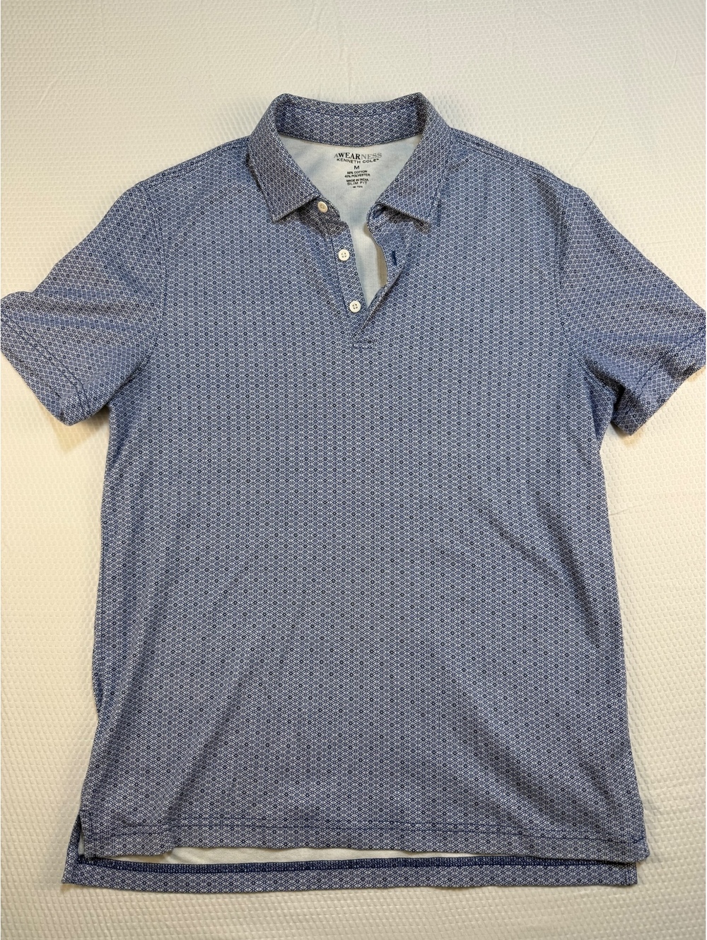 Kenneth Cole Awareness Mens M Blue Geometric Print Slim Fit Polo Shirt